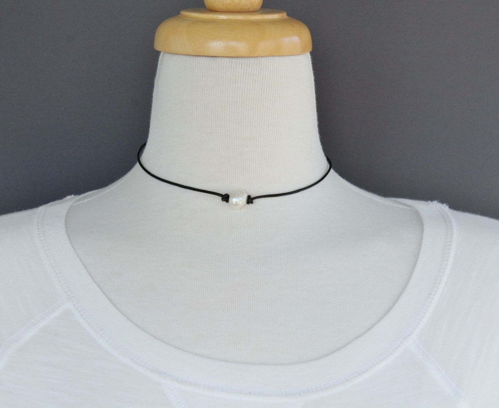 faux pearl choker Black faux leather adjustable choker necklace 14-16 long