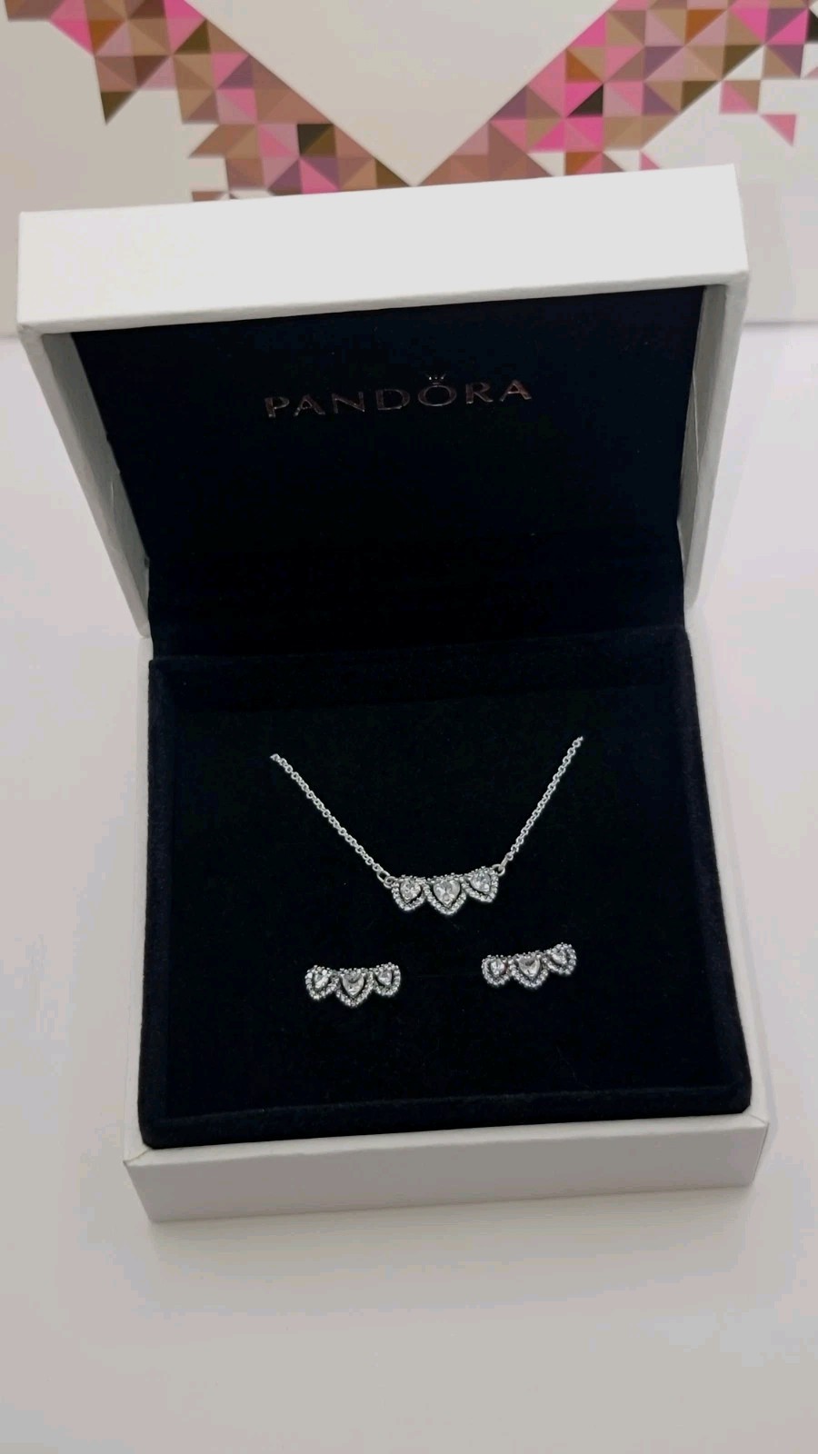 Authentic PANDORA 925 Halo Heart Trilogy Collier Necklace & Earrings Gift Set Z4