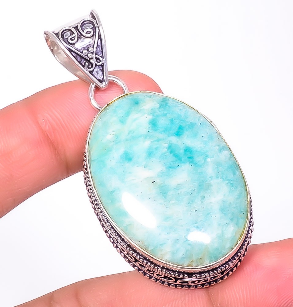 Natural Fine Art – Amazonite 925 Silver Plated Bali Pendant 2.11″ T2719