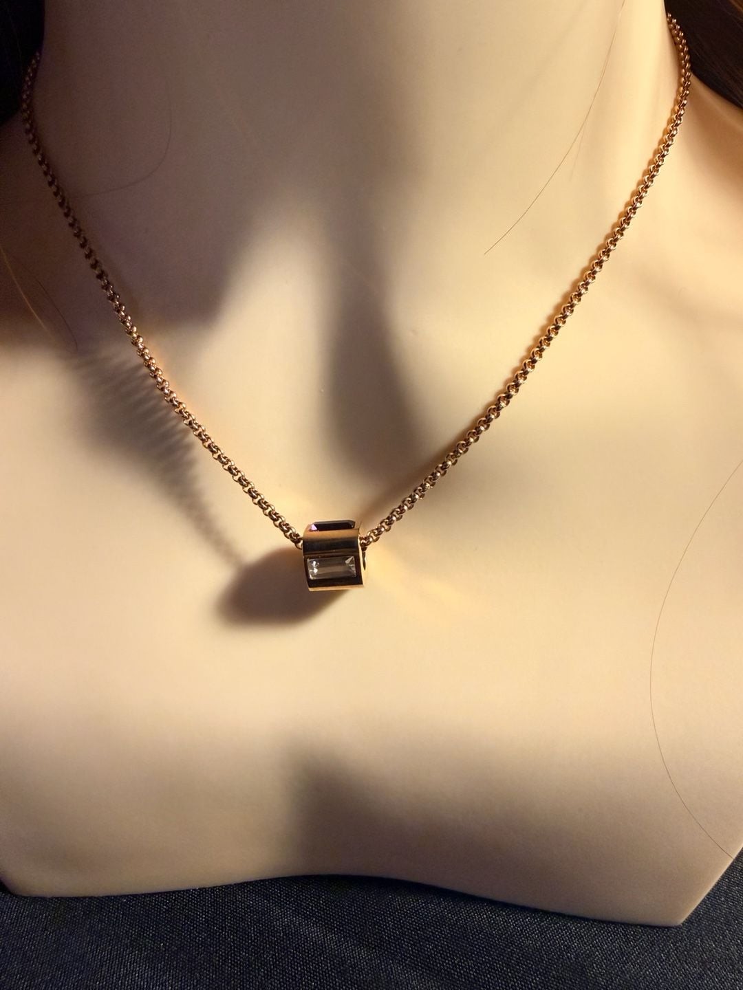Gold Tone Geometric Cube Necklace | Multi-Color Baguette Crystals | Purple, Gree