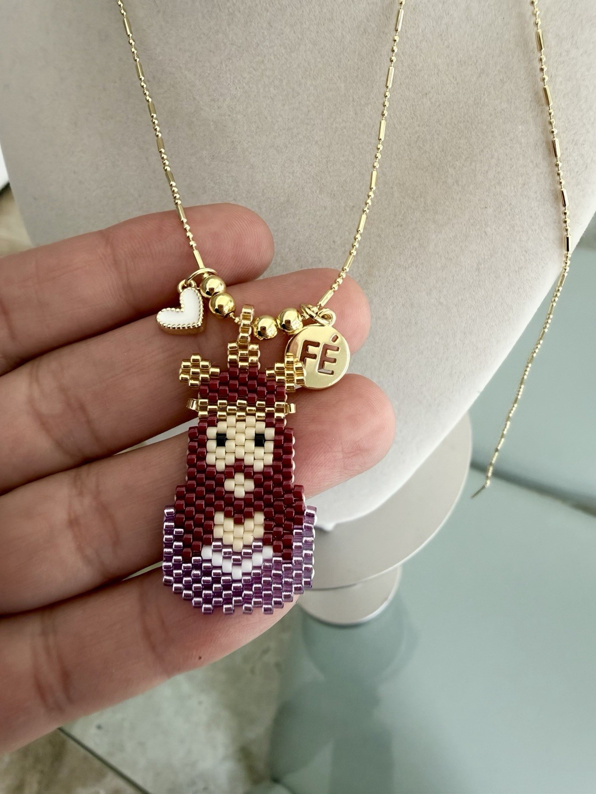 Gold Tone Cable Chain Necklace, Beaded Religious Charm Pendant, Lobster
