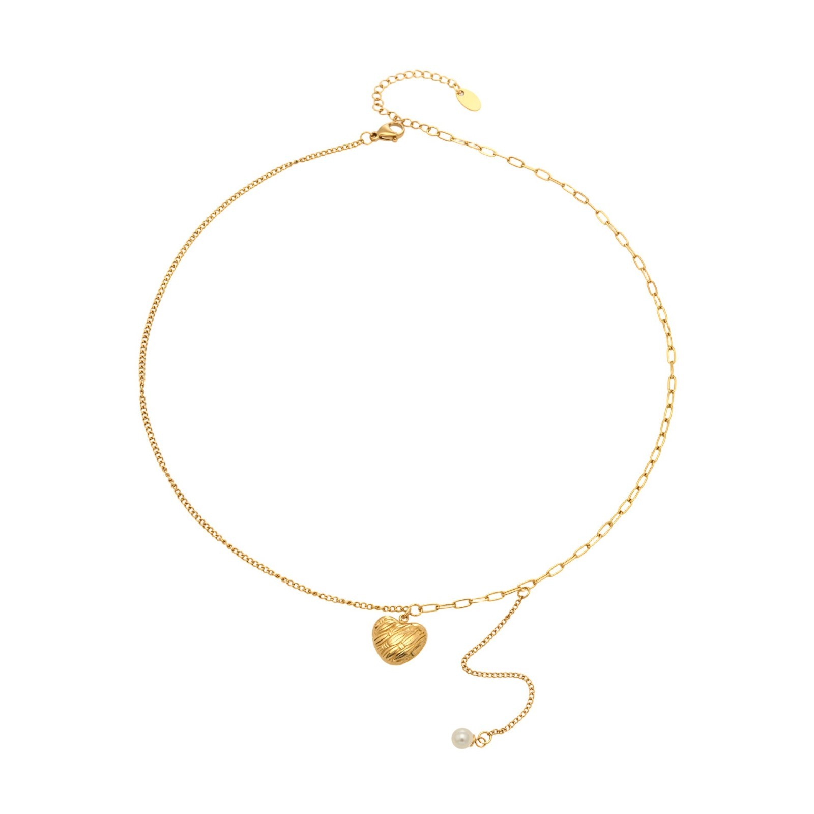 18K Gold Plated Stainless Steel Heart Pendant Faux Pearl Drop Necklace