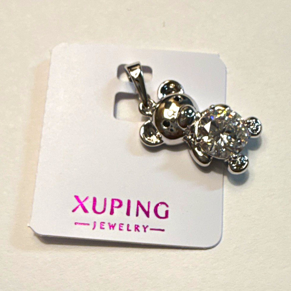 Xuping Silver Plated Teddy Bear Charm Pendant, Simulated White CZ, Signed