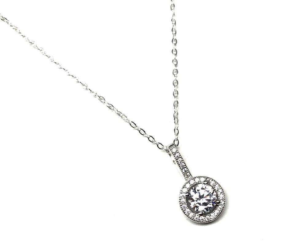 Sterling Silver Micro Set Cubic Zirconia Halo Pendant on 46cm Chain Necklace