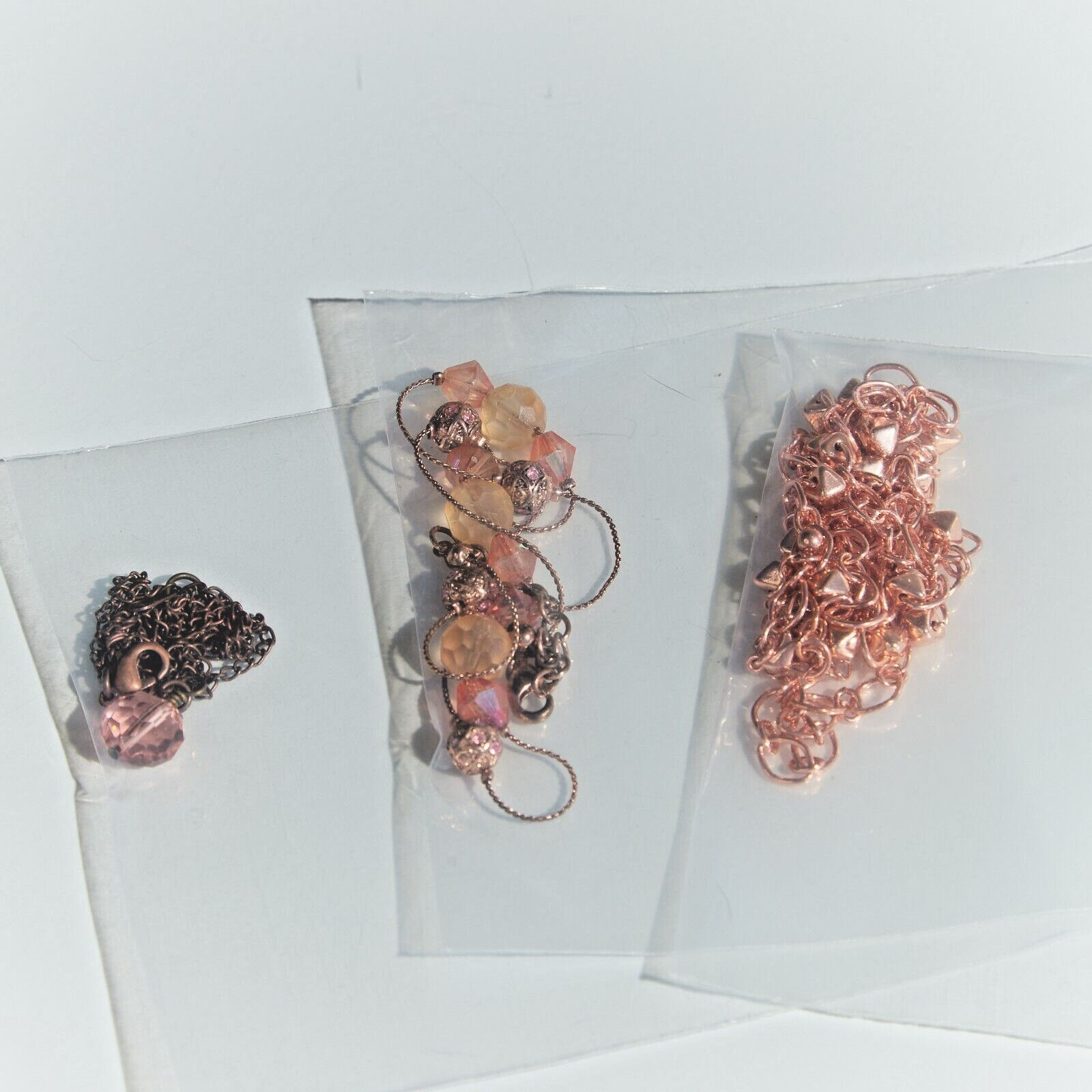 Lot of Three Copper tone Necklaces metal, glass beads, 18″ 28″ 29″ Lengths
