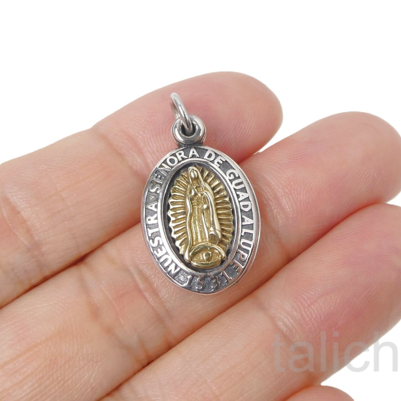 Sterling Silver Virgin Mary Our Lady of Guadalupe & Skull Double Charm Pendant