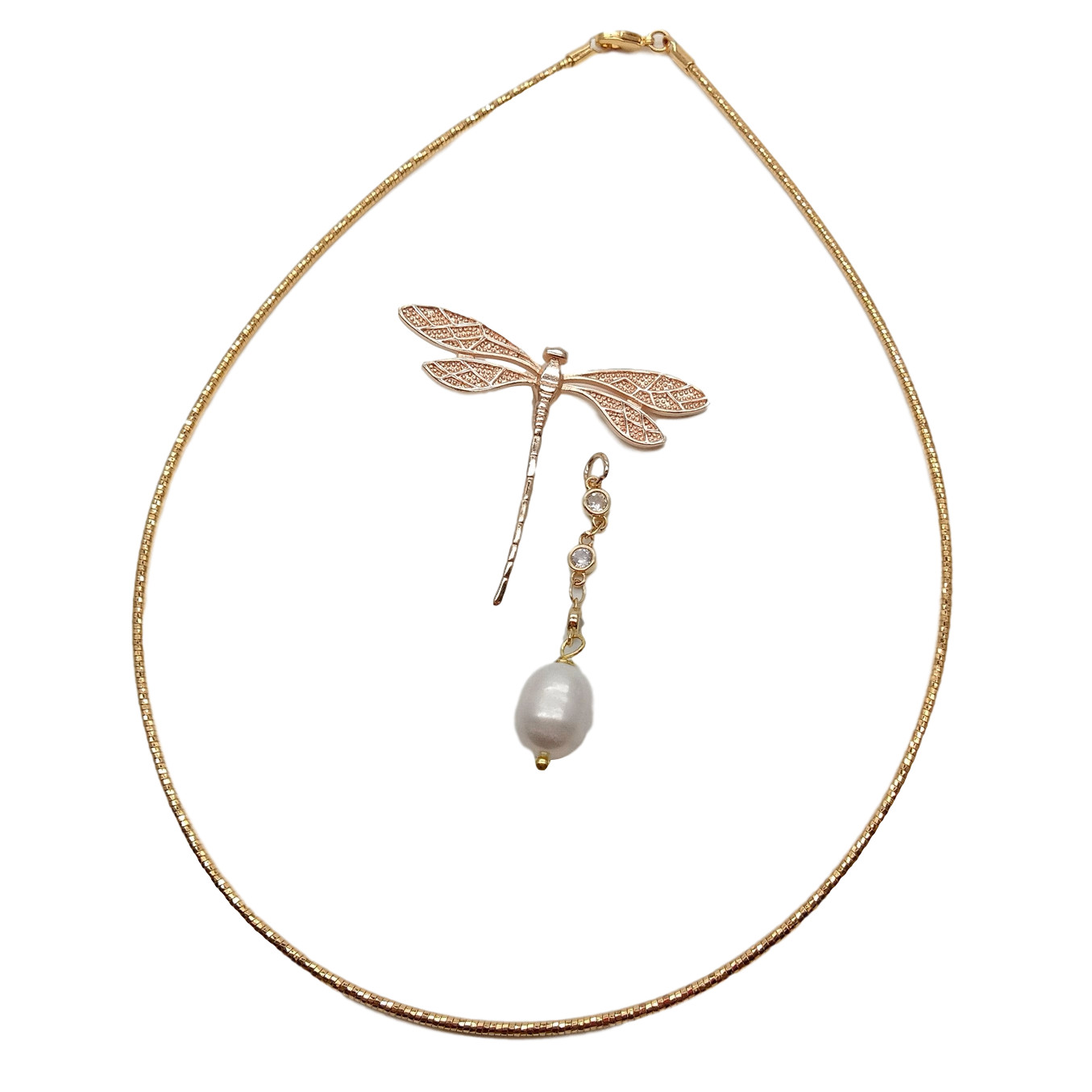 Gold Plated Dragonfly Charms White Rice Pearl Choker Necklace 16″