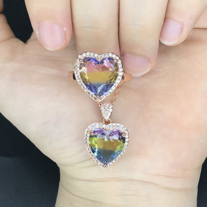 2pc Lot Women Jewelry Gifts Bi Color Tourmaline Gemstone Necklace Pendant Rings