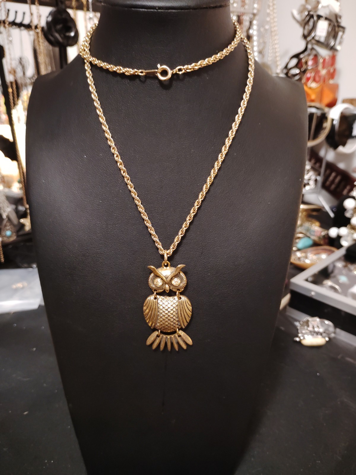 Gold Tone Articulated Owl Charm Pendant Necklace 24in Clear Rhinestone Eyes