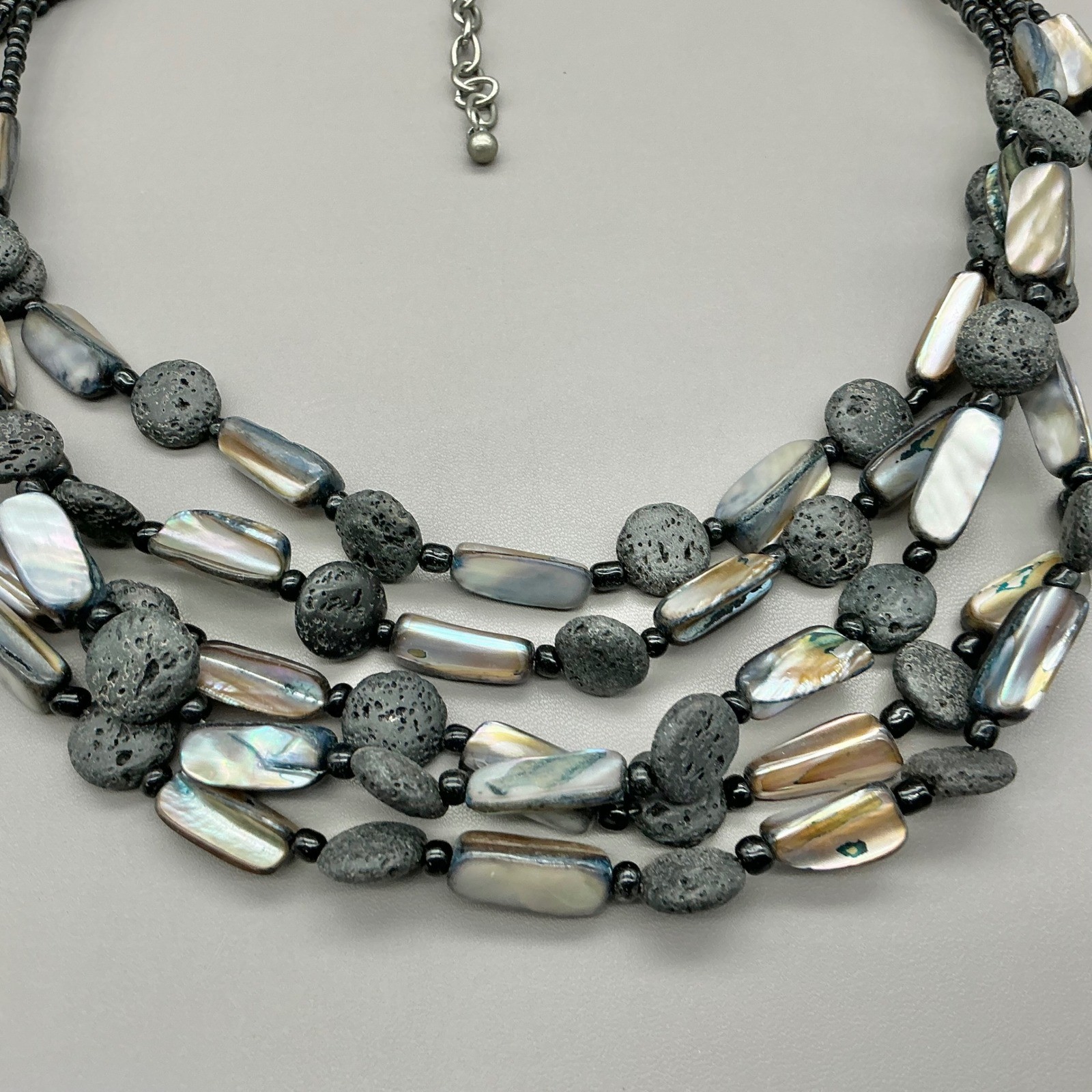 Premier Designs Necklace Womens Black Lava Rock Shell Multi Strand Statement