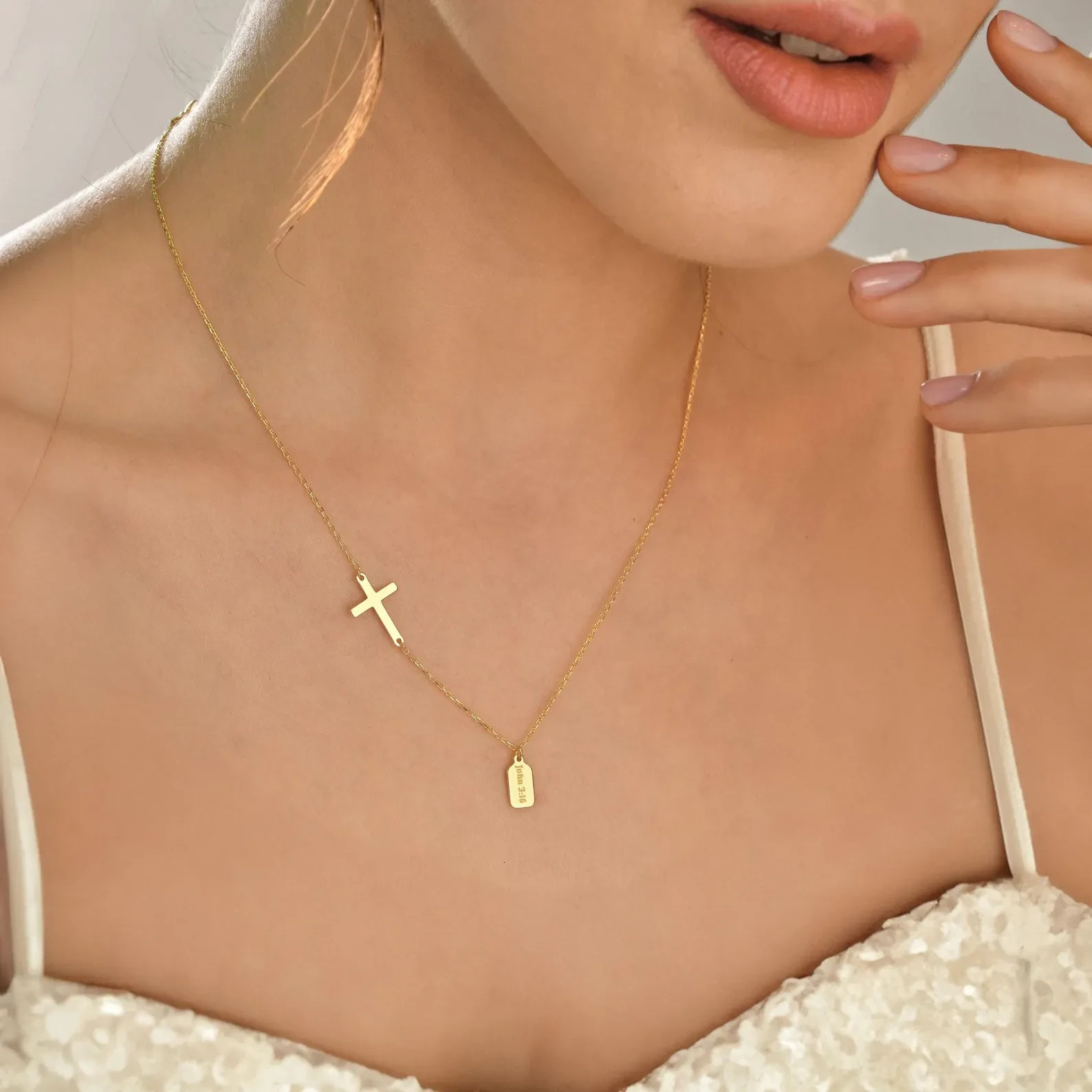 Personalized Name Tag Necklace with Side Cross Pendant Multiple Name for Women