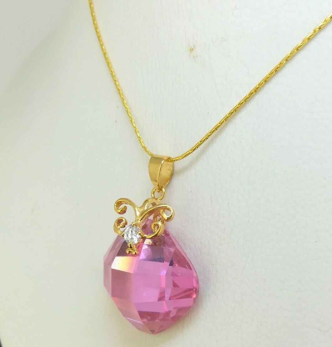 Elegant 18k 18CT Yellow Gold Filled GF Pnk CZ Pendant Necklace N-A849 Woman