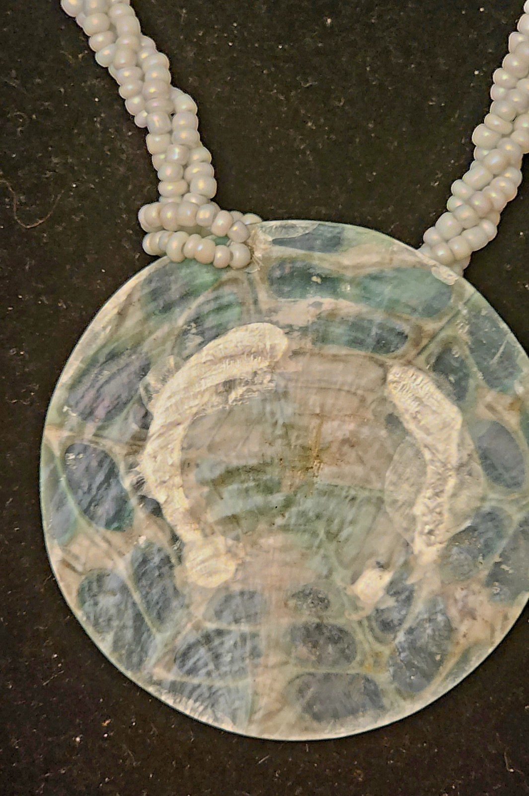 Mosaic Shell Pendant Necklace Plus Matching Stretch Bracelet 18″ 2-3/8″ Disk