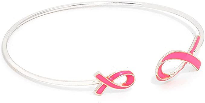 Women’s Pink Ribbon Breast Cancer Awareness Cuff Bracelet Jewelry – Rhodium