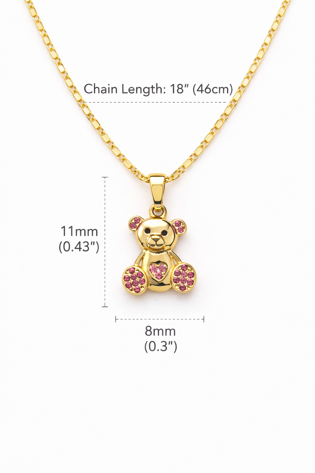 Gold Filled Teddy Bear Pendant Necklace Pink Crystal 18in Cute Women Gift