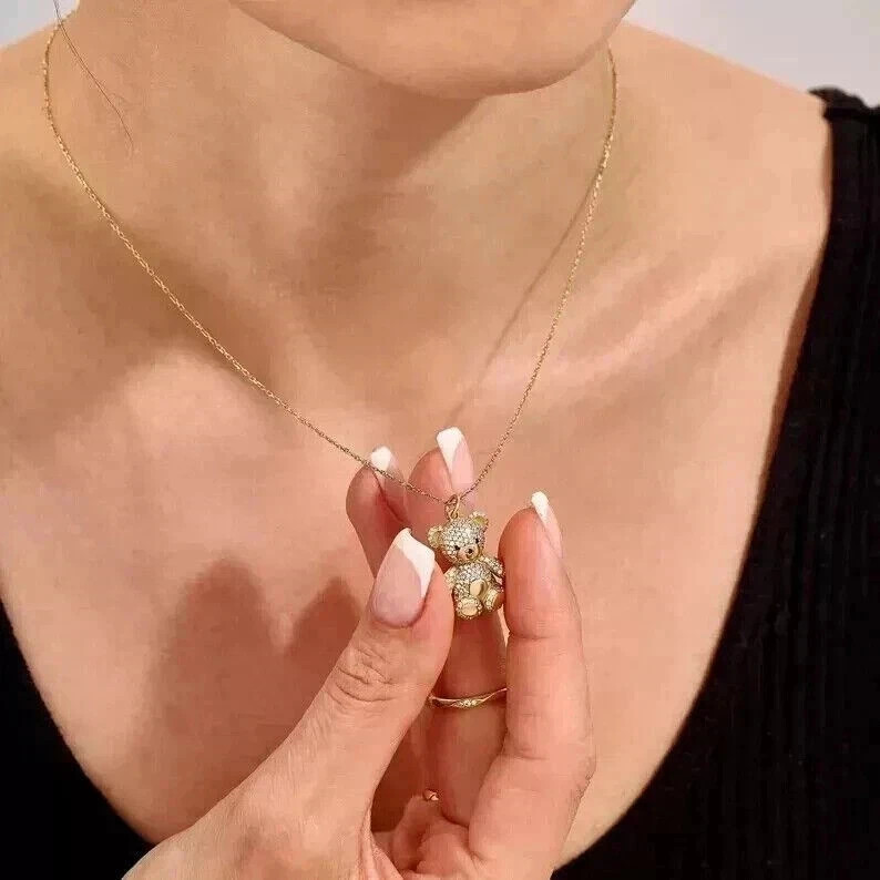 2Ct Round Cut Simulated Diamond Teddy Bear Shape Pendant 14k Yellow Gold Plated