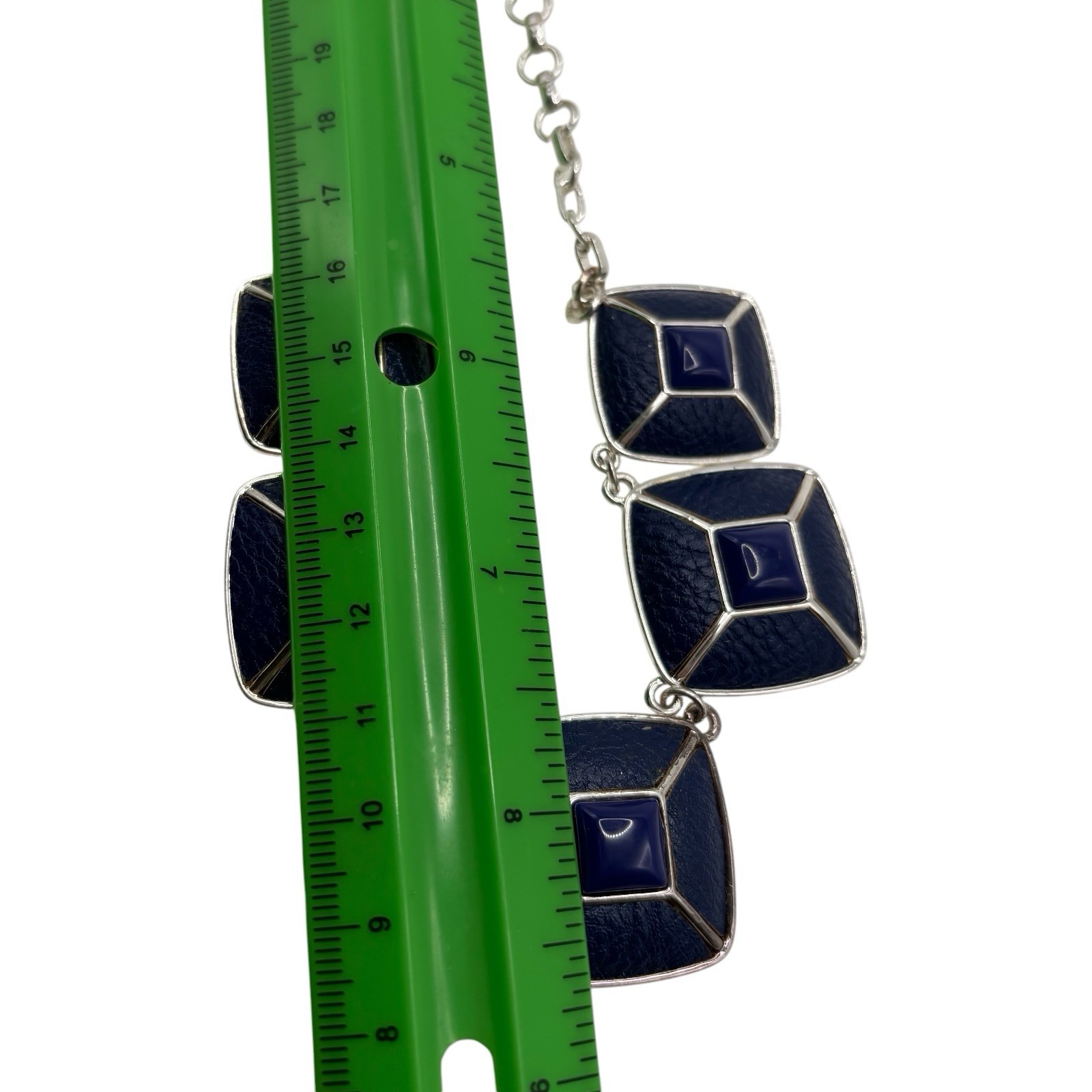 CHAPS Bib Necklace Ralph Lauren Navy Blue Faux Leather Silver Tone Statement