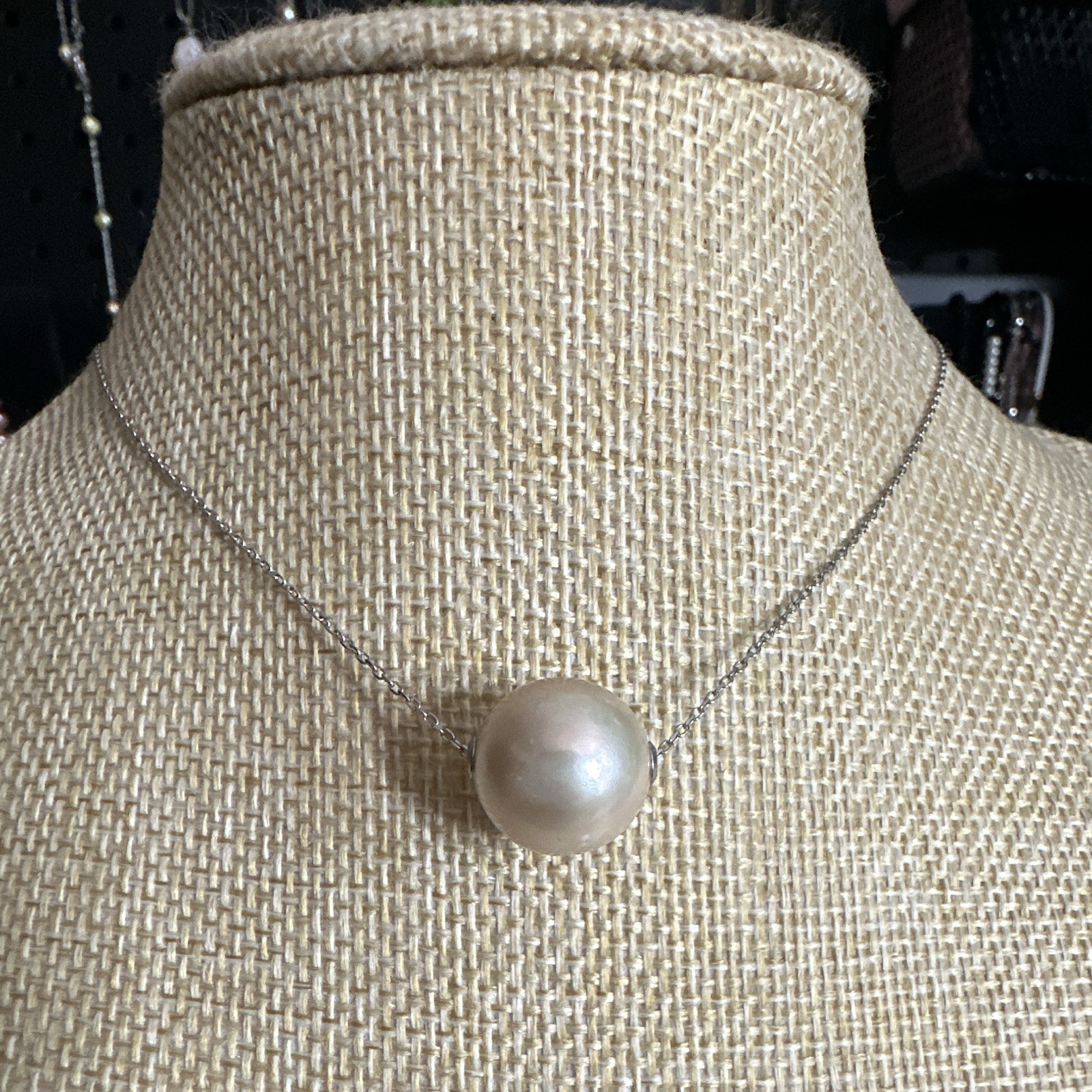 15mm Champagne Round Floating Edison Pearl Pendant Silver 925 Chain Necklace