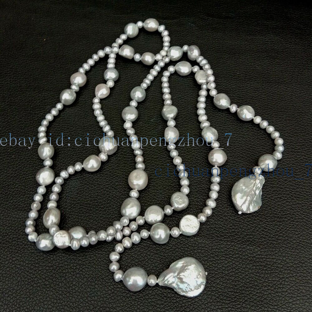 Natural 6-7mm 12-14mm Akoya Gray Cultured Coin Baroque Pearl Long Necklace 53”