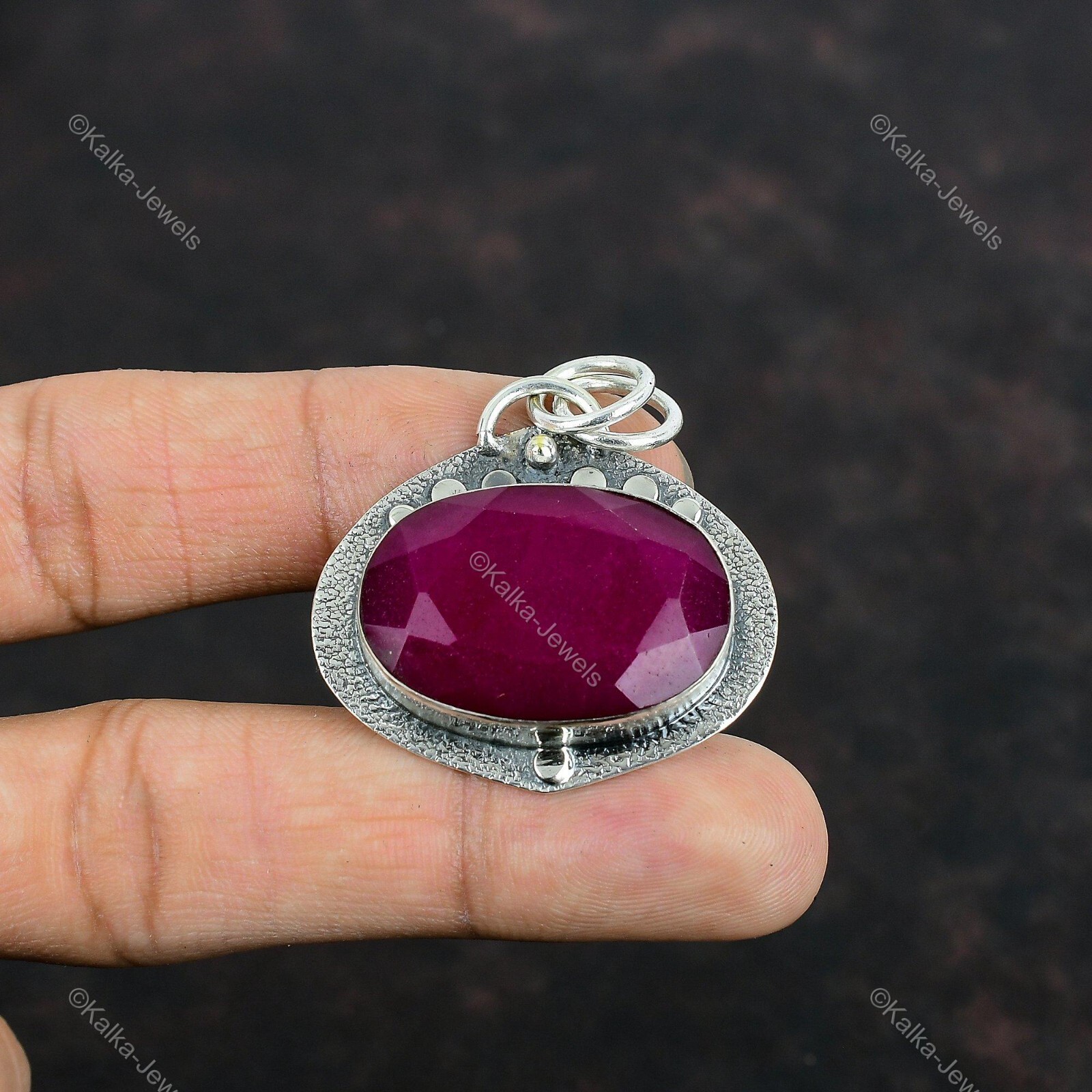 Natural Kashmir Rubi Gemstone Pendant Red 925 Sterling Silver Indian Jewelry