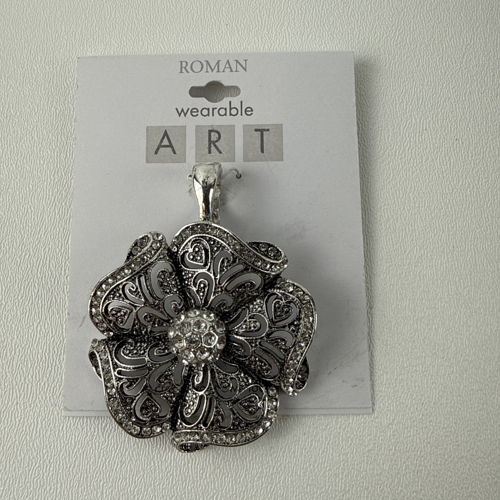 Wearable Art By Roman Silver Flower with Rhinestones Magnetic Closure NWT