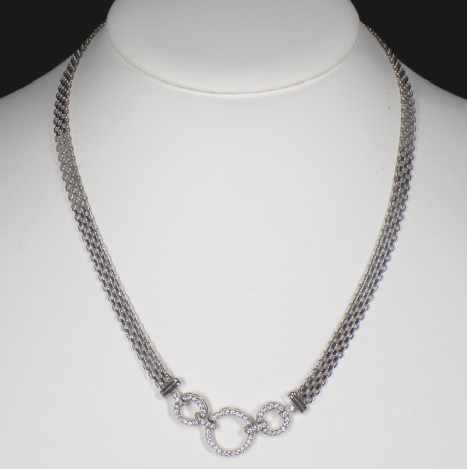 Cubic Zirconia Necklace 925 Sterling Silver Mesh White Colorless Circle Pendant