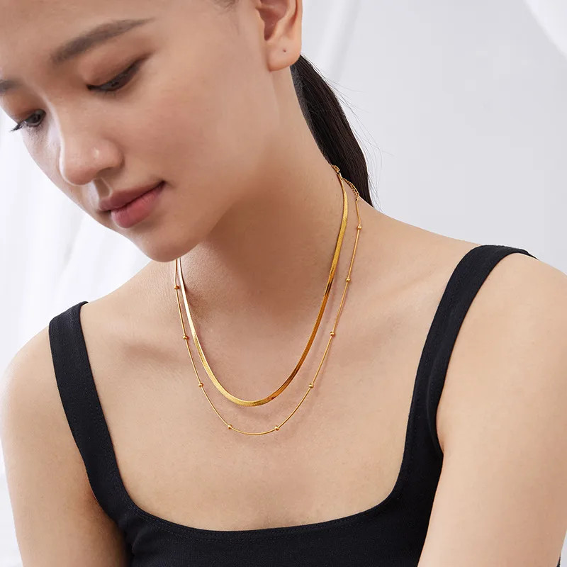 Double Layer Herringbone Necklace Women Gold Silver Stainless Steel Chain