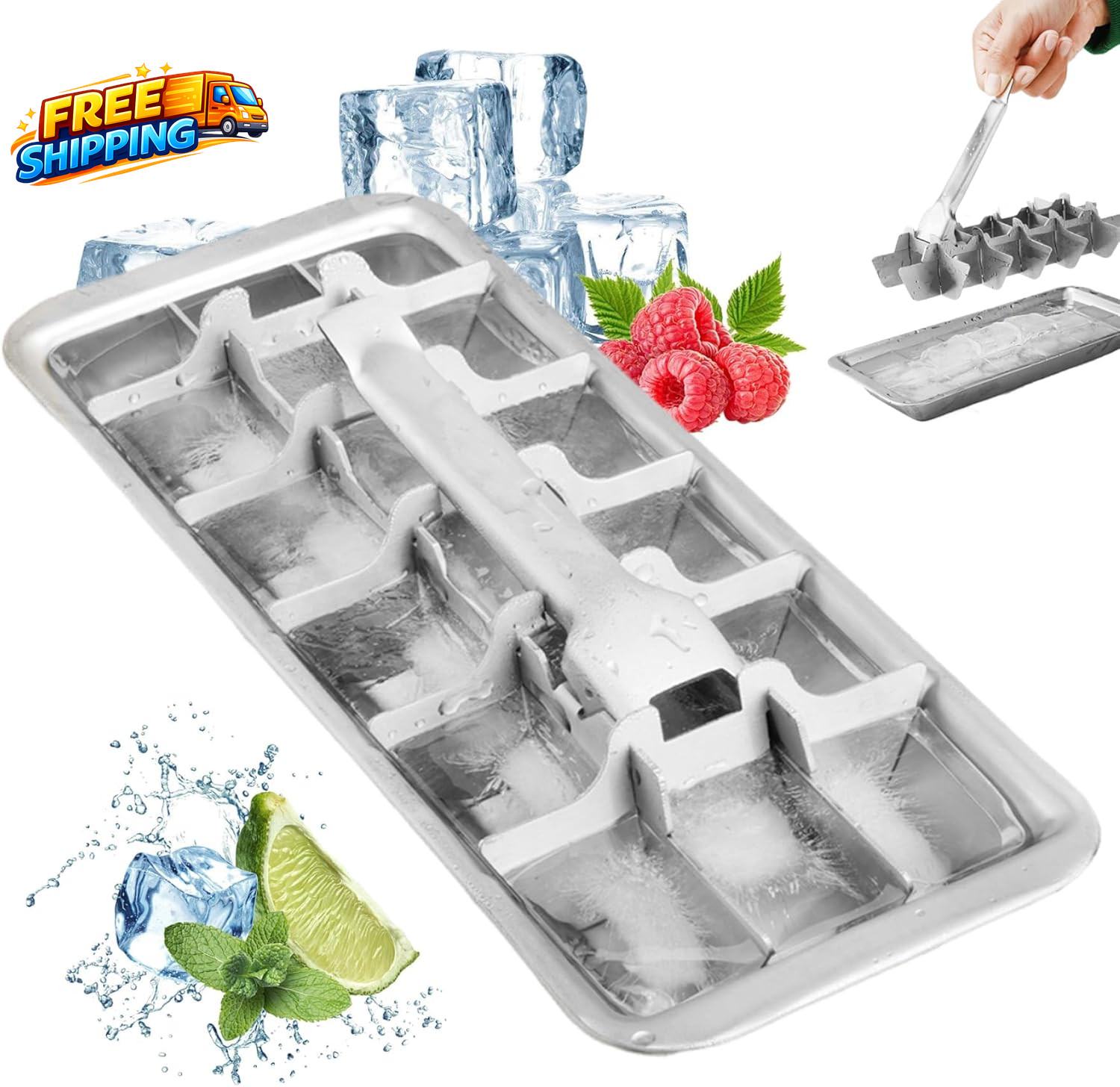 Stainless Steel & Metal Ice Cube Trays with Handle – 18-Slot Small Ice Cube Mold