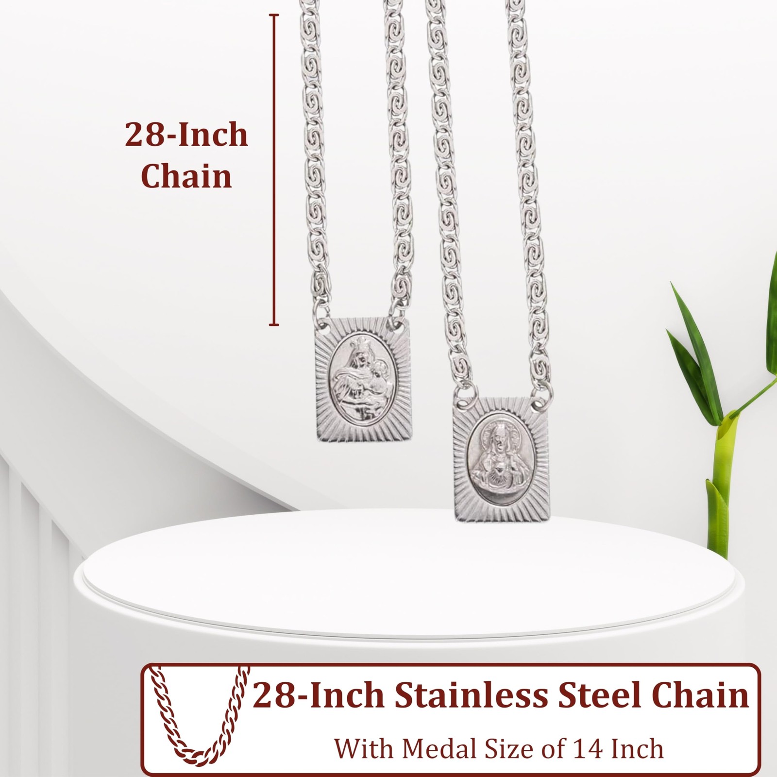 Stainless Steel Scapular Necklace 14 Inch Sacred Heart & Our Lady of Mount