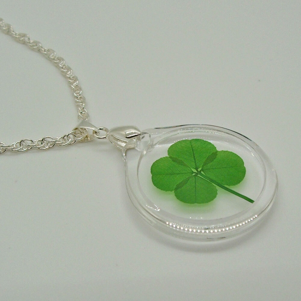 Good Luck Charm Acrylic Necklace with a Real Four Leaf Clover AN-4J