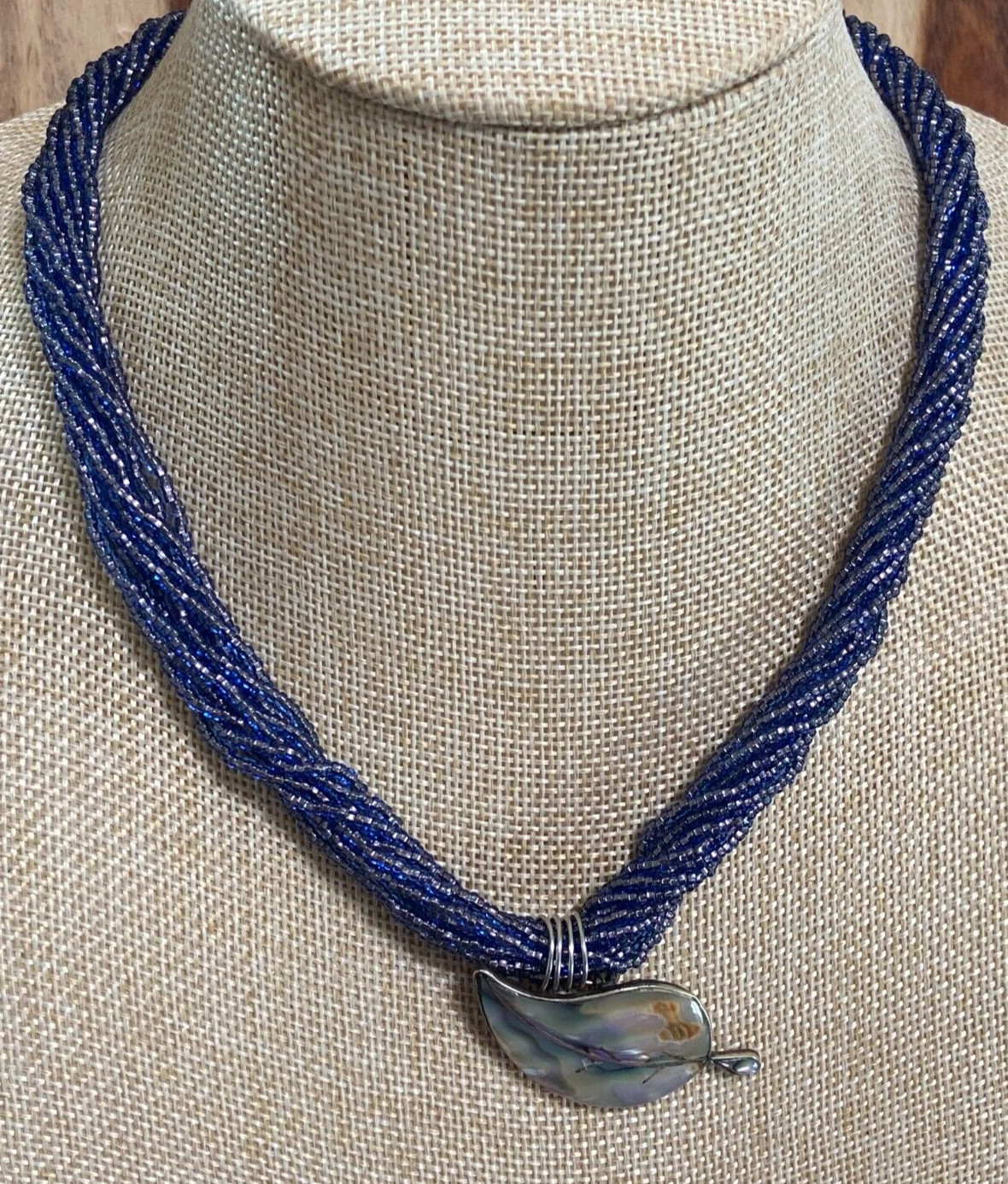 African Glass Bead Necklace with Vintage Silver and Seashell Pendant