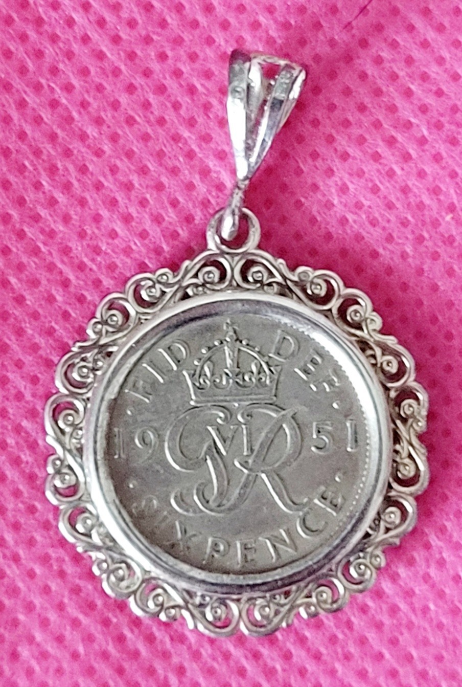 LUCKY SIXPENCE COIN 1951 Solid 925 SILVER PENDANT NECKLACE 75 Birthday George 6