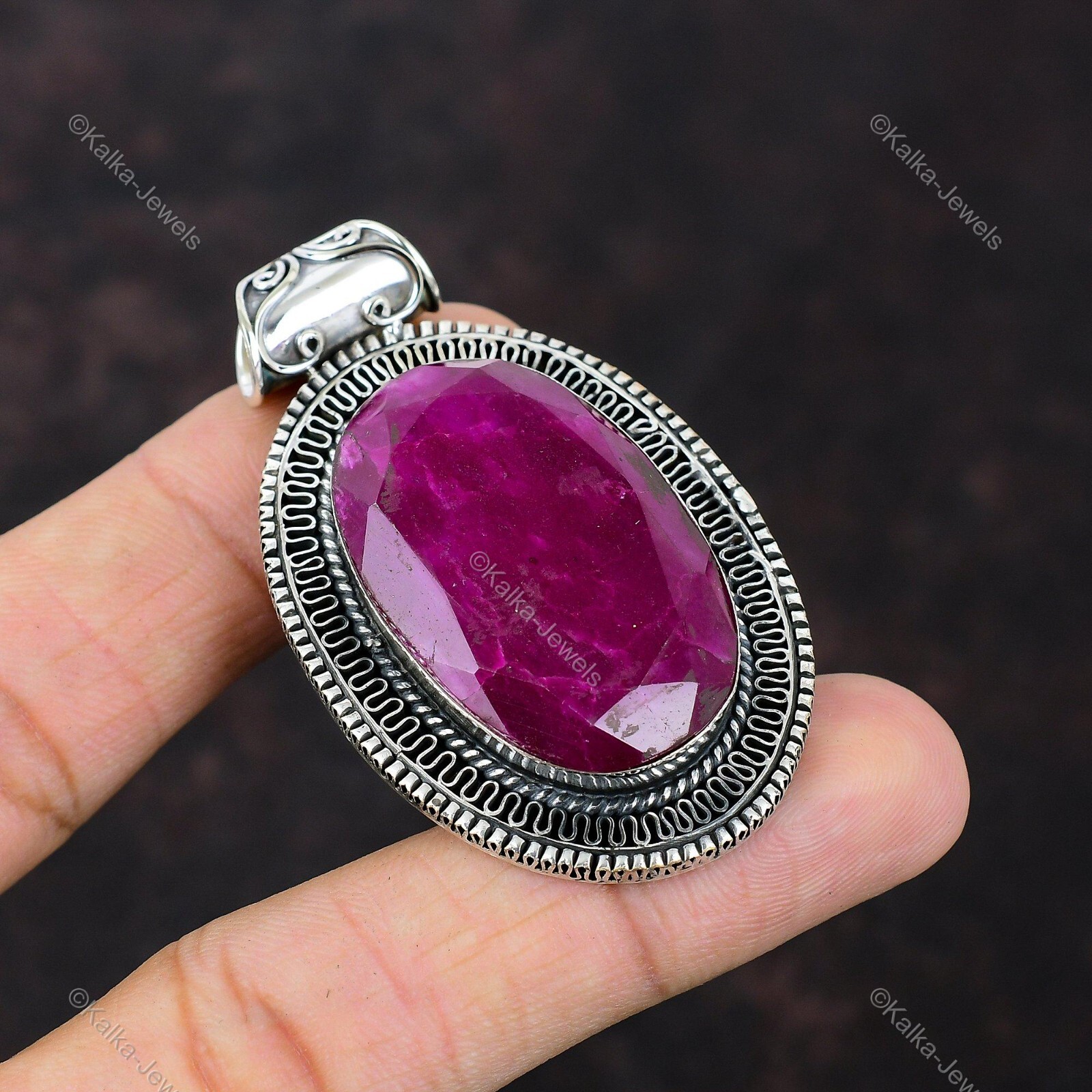 Natural Kashmir Rubi Gemstone Pendant Vintage 925 Sterling Silver Indian Jewelry