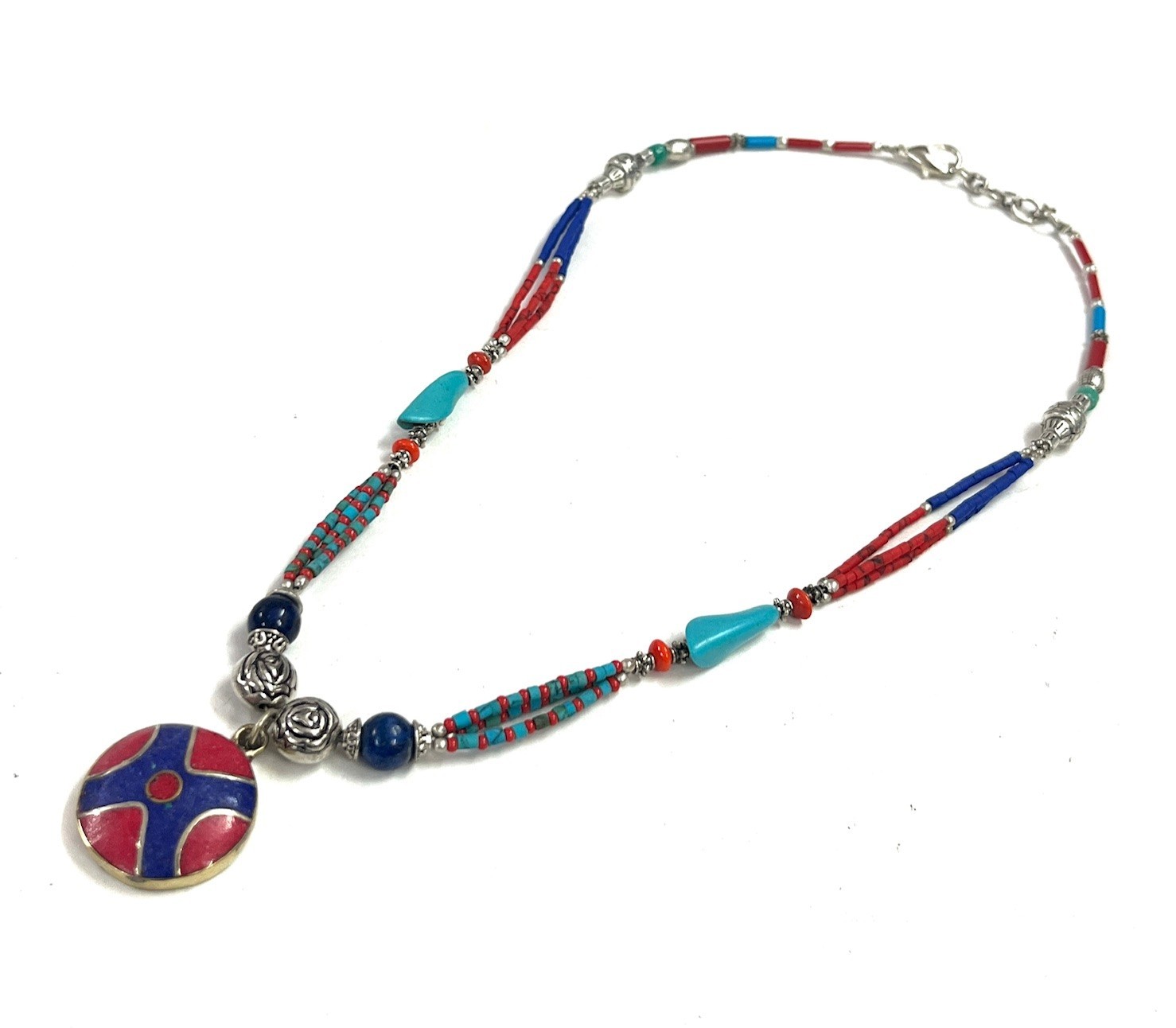 Lapis Coral Turquoise Gemstone Tibetan Handmade Necklace Jewelry, 18 Inc Adjst