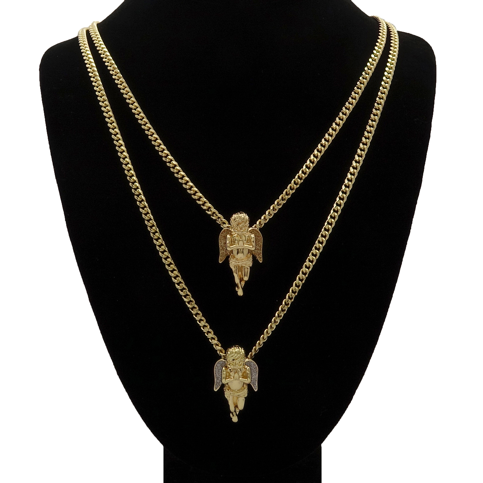 Men’s 14k Gold Plated High Fashion 2 pcs Angels 3mm 30″ & 24″ Cuban Necklace