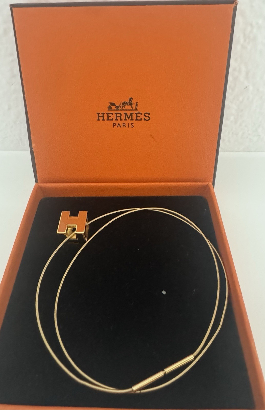 Estate Hermes Gold Tone Orange Enamel H Cube Necklace With Box