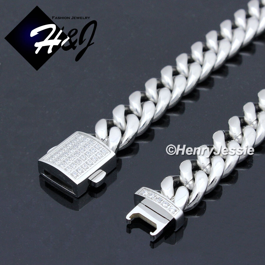 18″-40″Stainless Steel 7/10/12mm Silver/Gold Plated CZ Cuban Curb Necklace*N165
