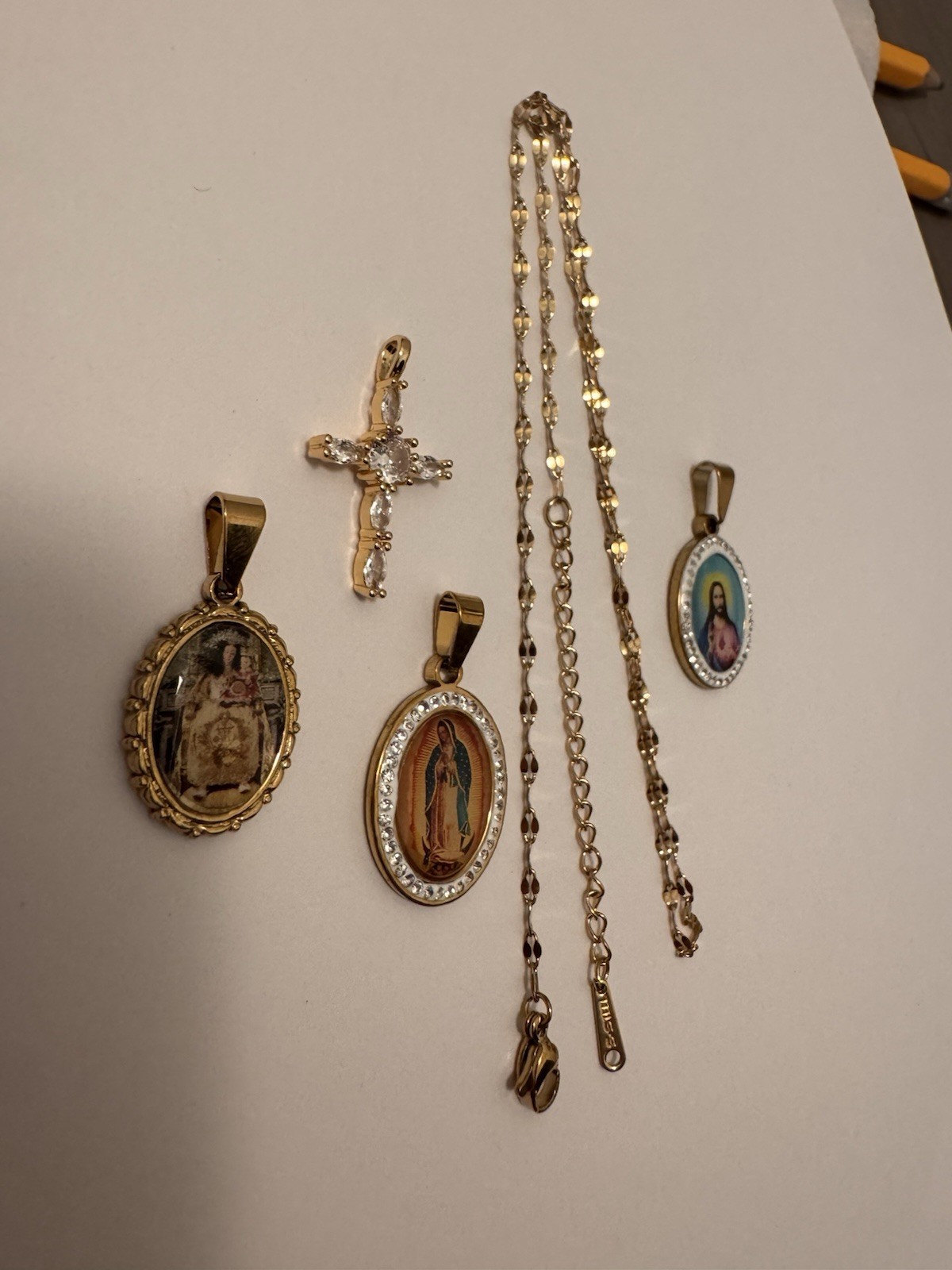 Lot Stainless steel stamped chain and pendants Jesus cross Virgin Mary gift set