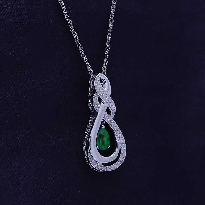 1/4 Ct Natural Diamond & Simulated Emerald Teardrop Pendant Necklace 925 Silver