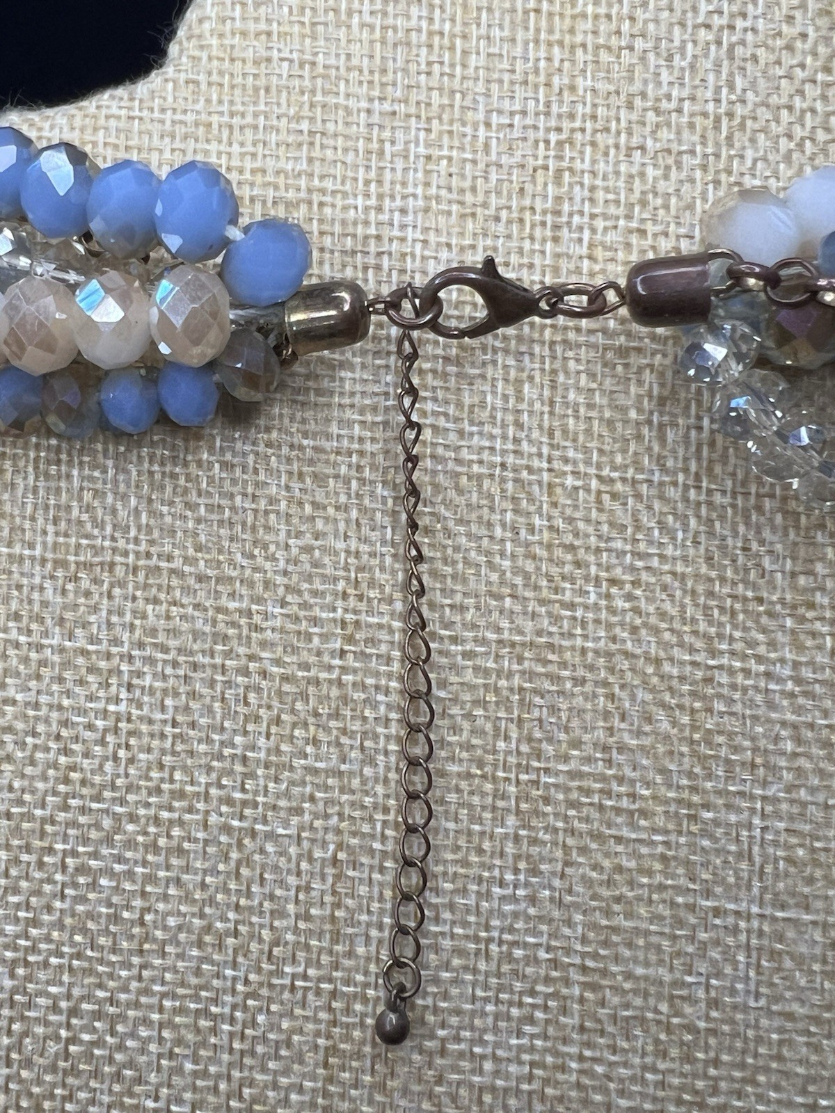 Layered Faceted Glass Crystal Bead Statement Necklace Blue White Taupe 19-22”