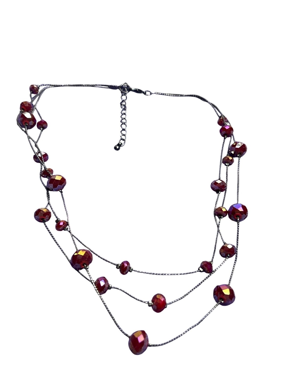 3 Strand Gunmetal Chain Necklace Red Iridescent Faceted Glass Station Beads