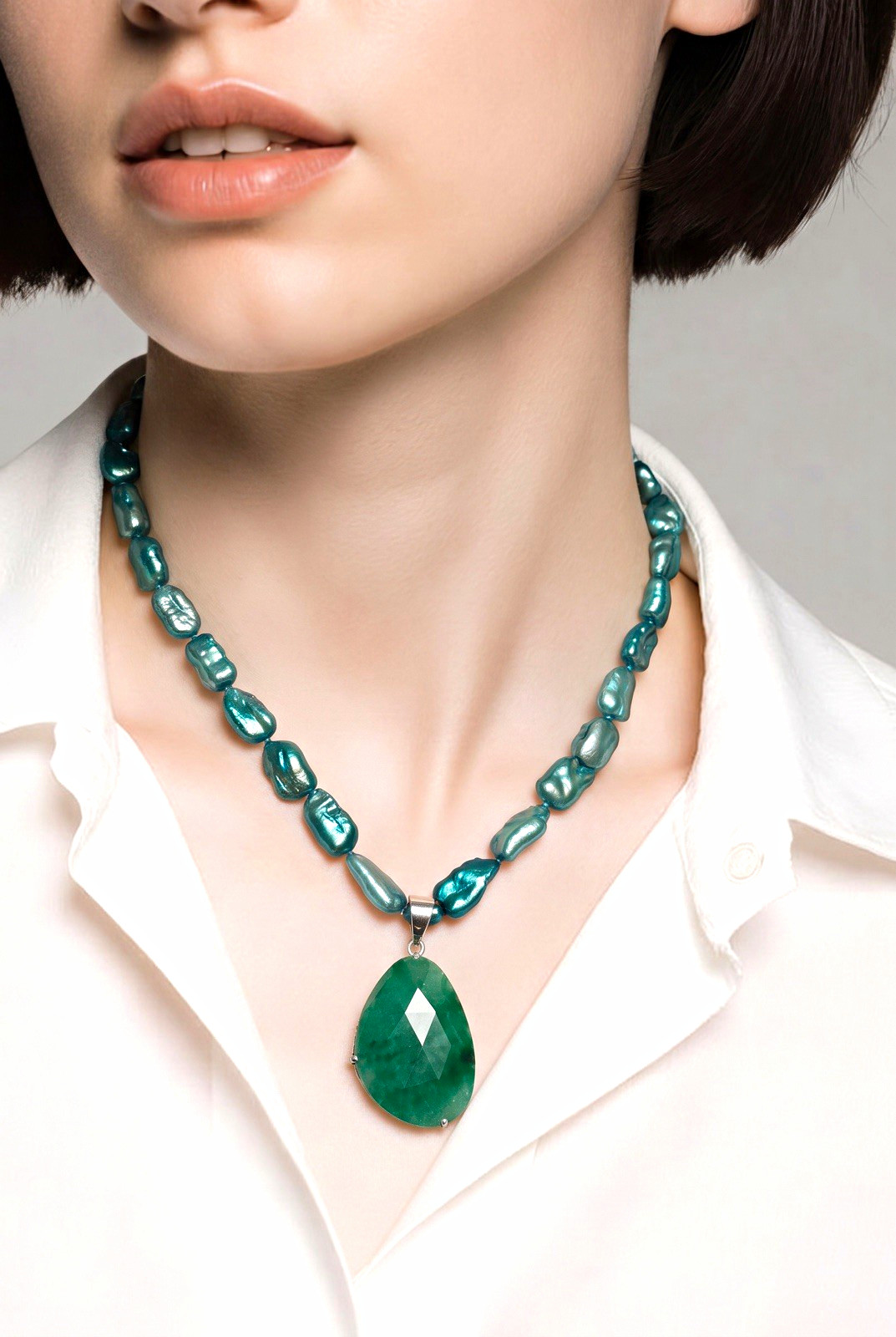Teal Blue Baroque Pearl Necklace 54g Chunky Nugget w/ Green Stone Pendant St