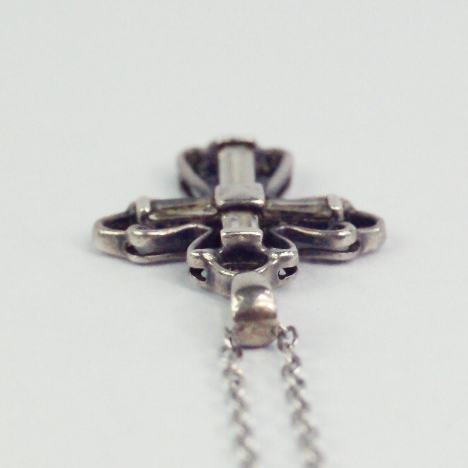Sterling Silver Openwork White Colorless CZ Cross Pendant Cable Chain Necklace