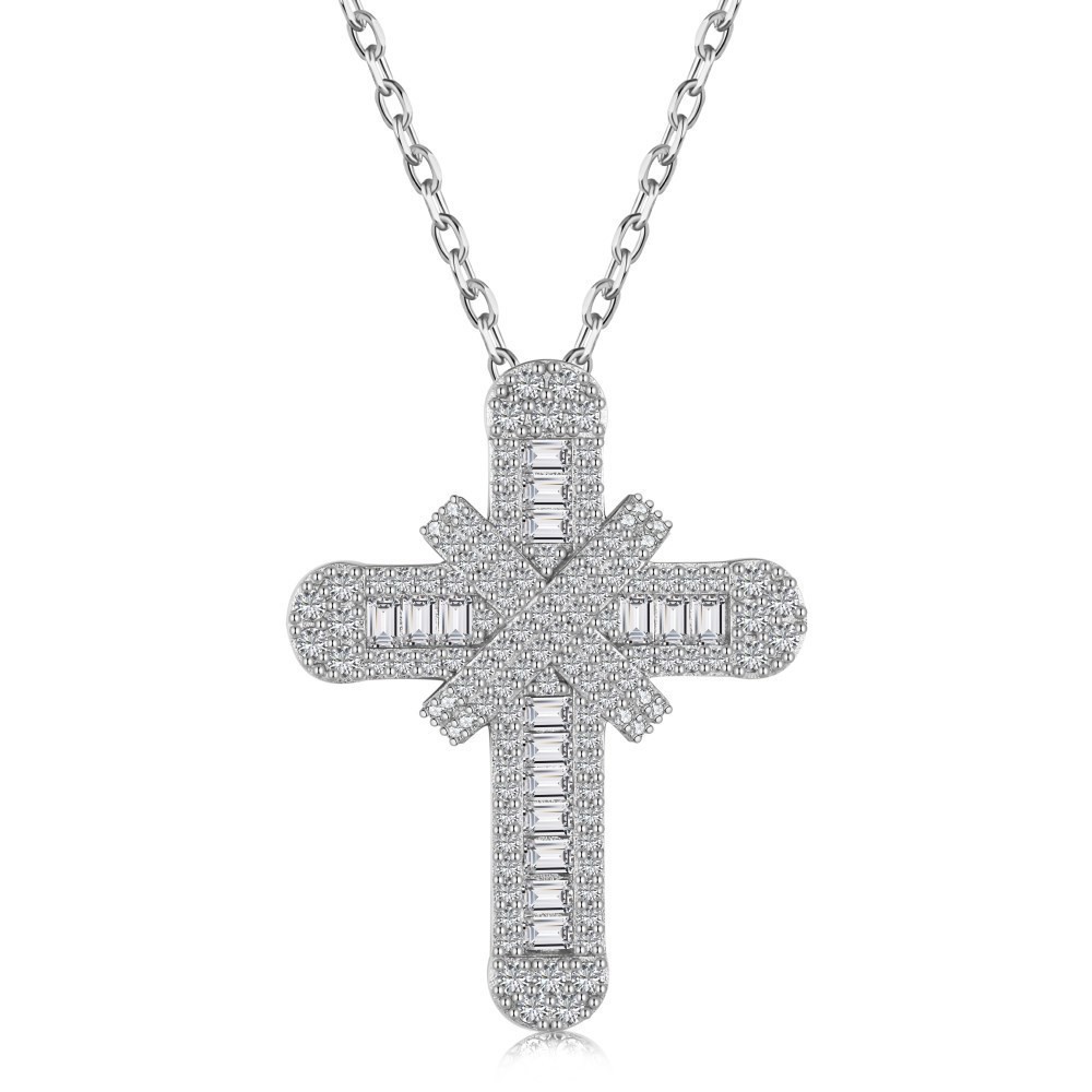 Elegant Baguette Cross Pendant Necklace for Women Silver Sparkling Crystal Gift