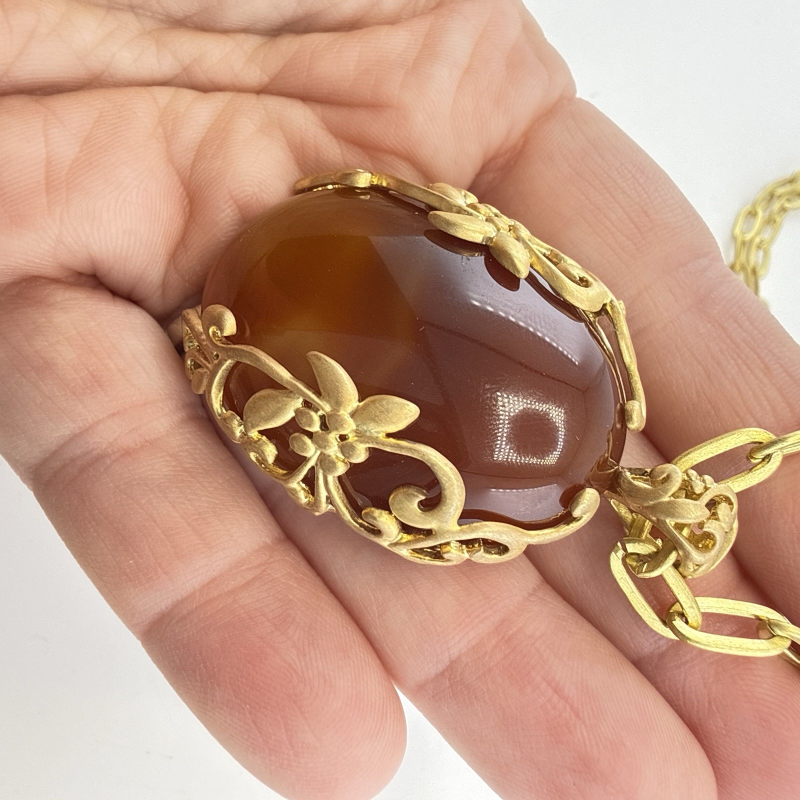 Sheila Fajl Necklace Floral Flower Faux Carnelian Gold Tone Brazil Chain Link