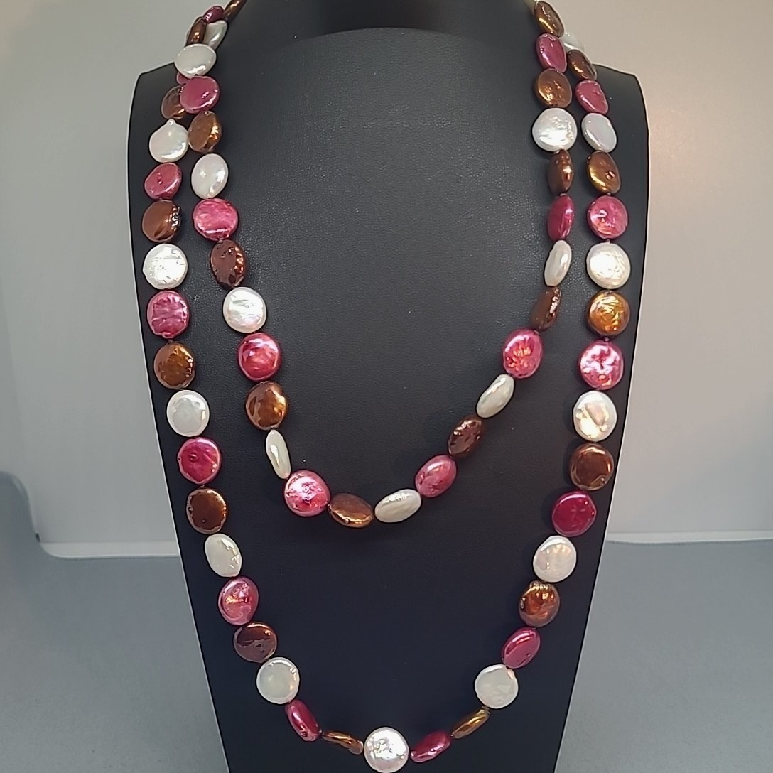 CGI China Necklace Woman Fuchsia Bronze White Freshwater Coin Pearl 37 Inch Long