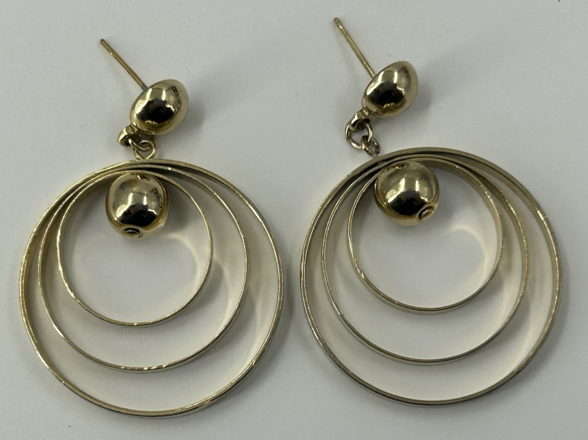 Gold Tone Triple Hoop Dangle Earrings Polished Gold Tone Pierced 1 3/4 Inch
