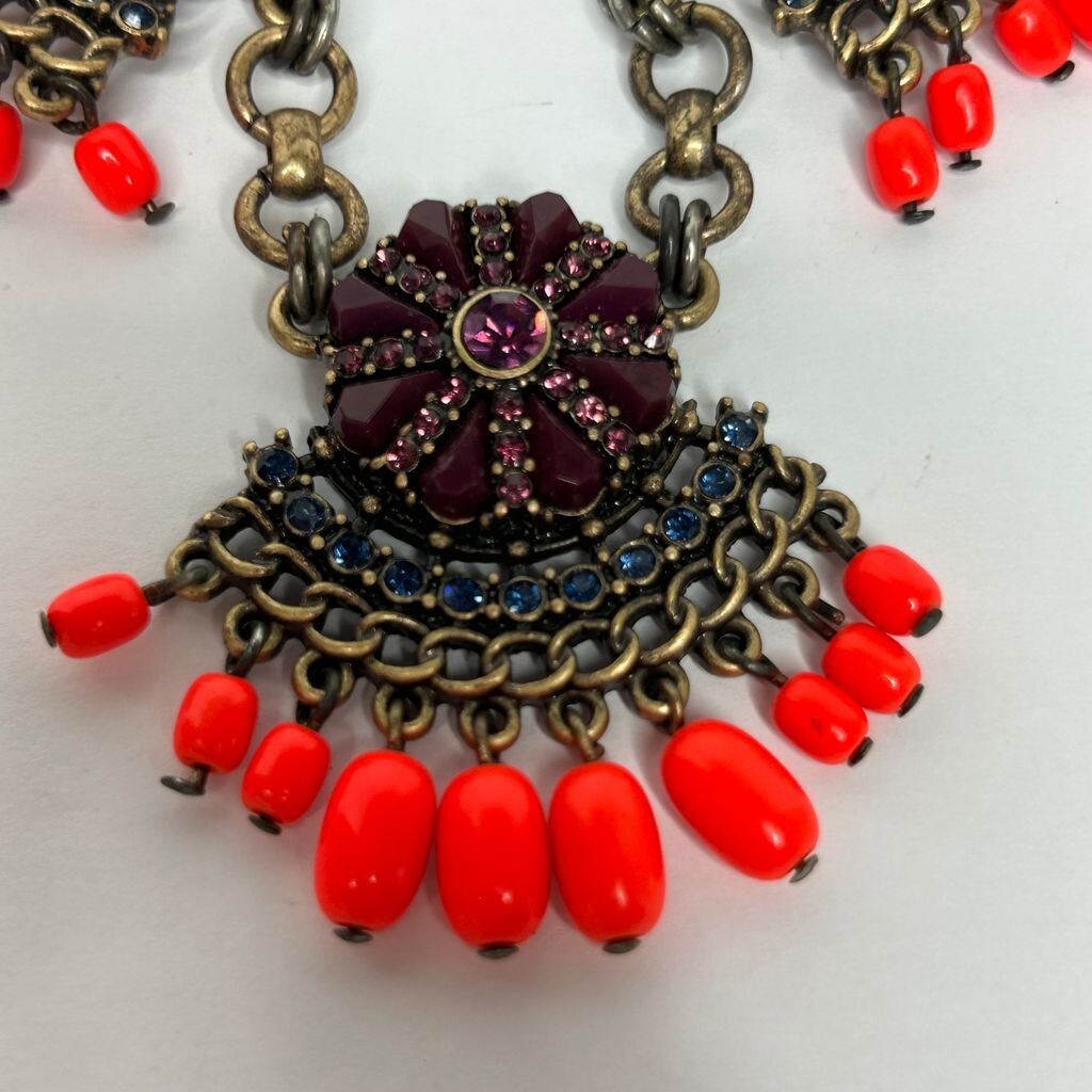 J Crew Necklace 18in +3 Brass Tone Neon Orange Bead Purple Crystals READ Flaw