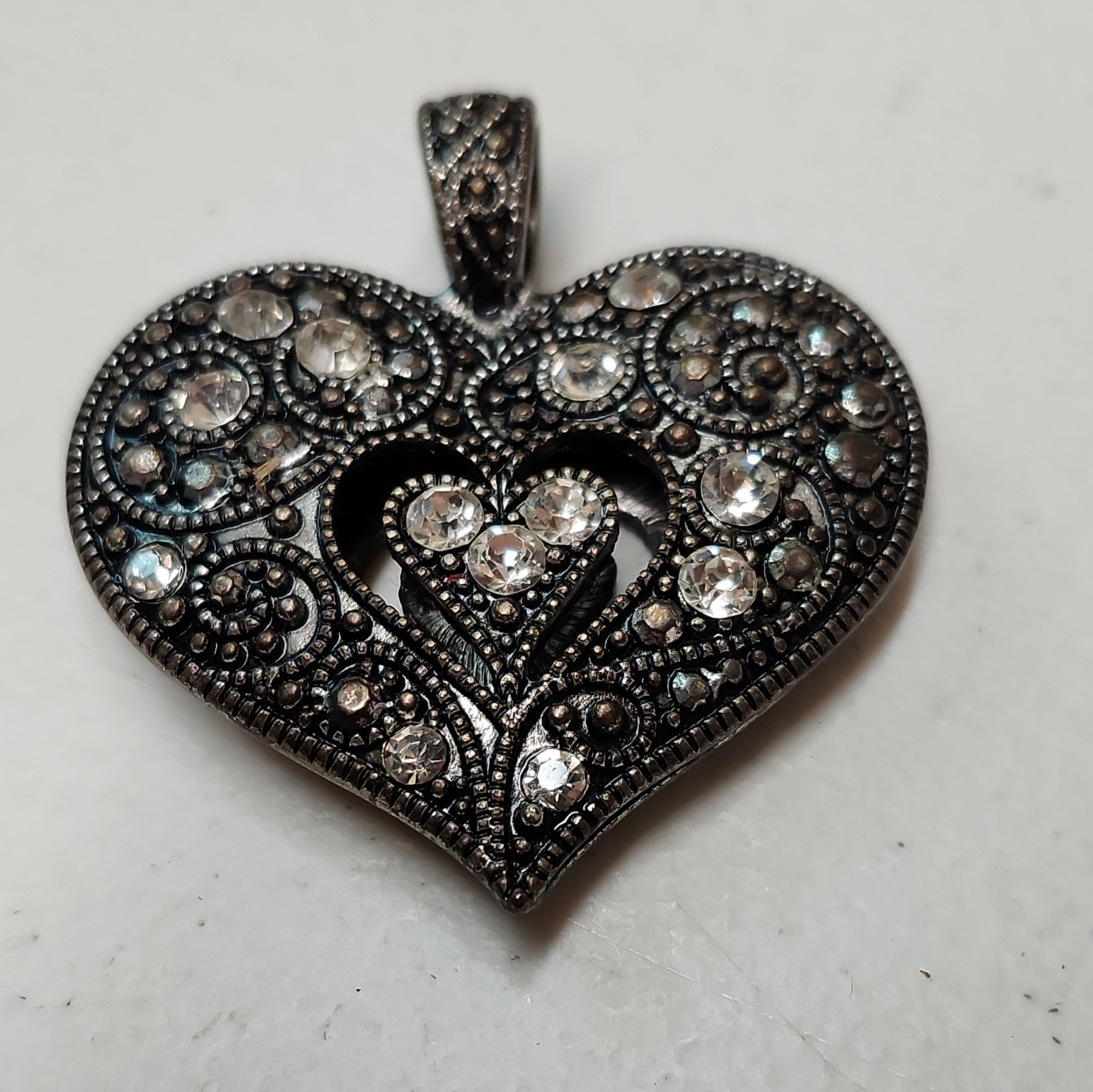 Heart Pendant Charm with White/Colorless Round Crystal Rhinestones, Silver Tone
