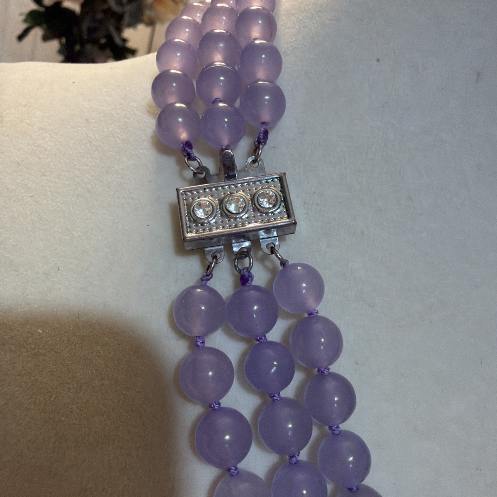 Vintage 3Row 8mm purple chalcedony jades necklace 17-19”